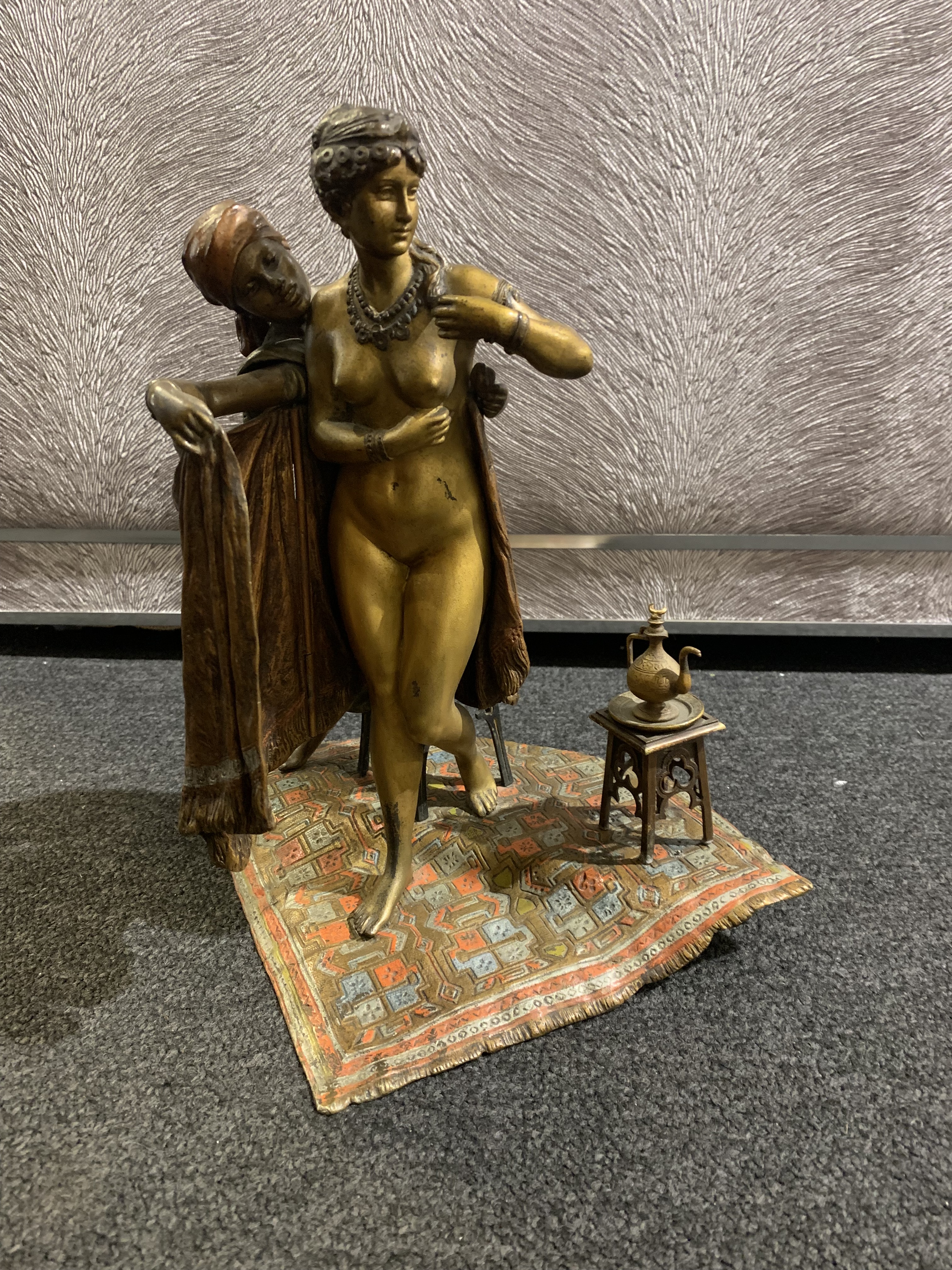 Antique Cold-painted Bronze Man And Lady Sculpture Signed Franz Bergman