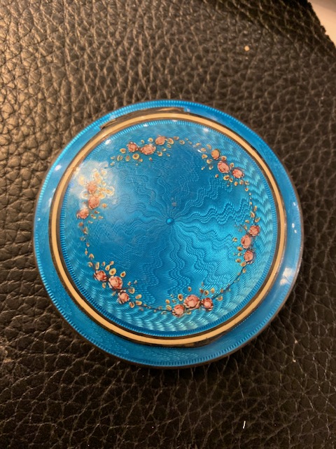 Blue Enamel & Pink Flower Compact With Mirror